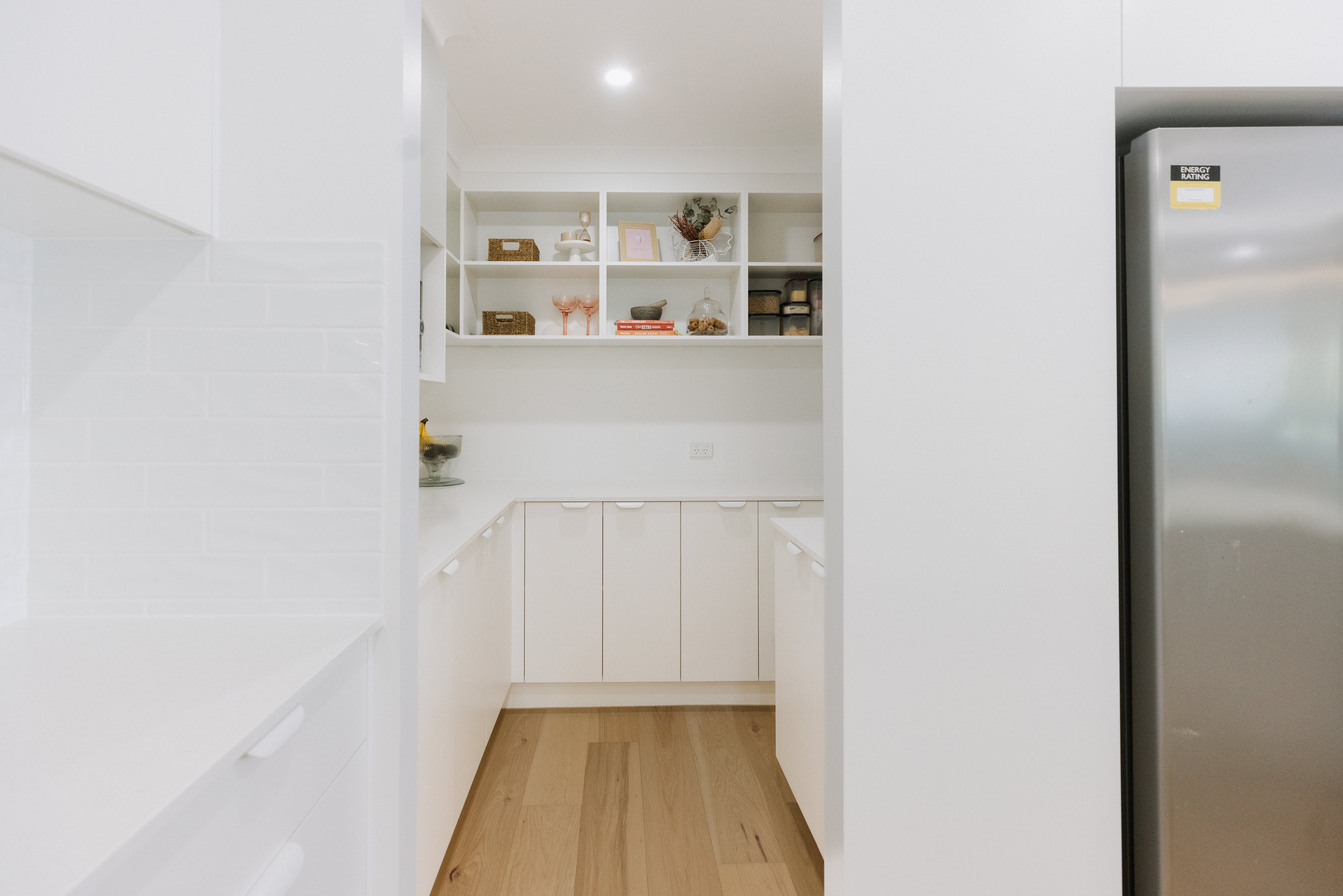 New butler's pantry with white cabinetry and open shelving, Rochedale South renovation